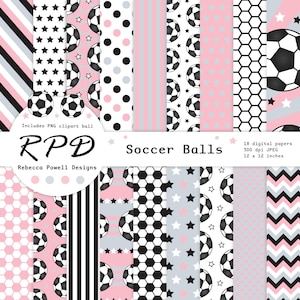Soccer Digital Paper Pack, Pink & Grey Printable Seamless Football Sports Patterns, PNG clipart soccer ball