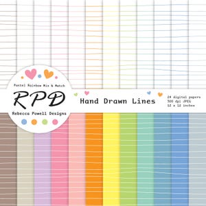 Lined Stripe Digital Paper Pack, Seamless Pattern, Pastel Rainbow Colours & White, Scrapbook Pages, Backgrounds, Commercial Use