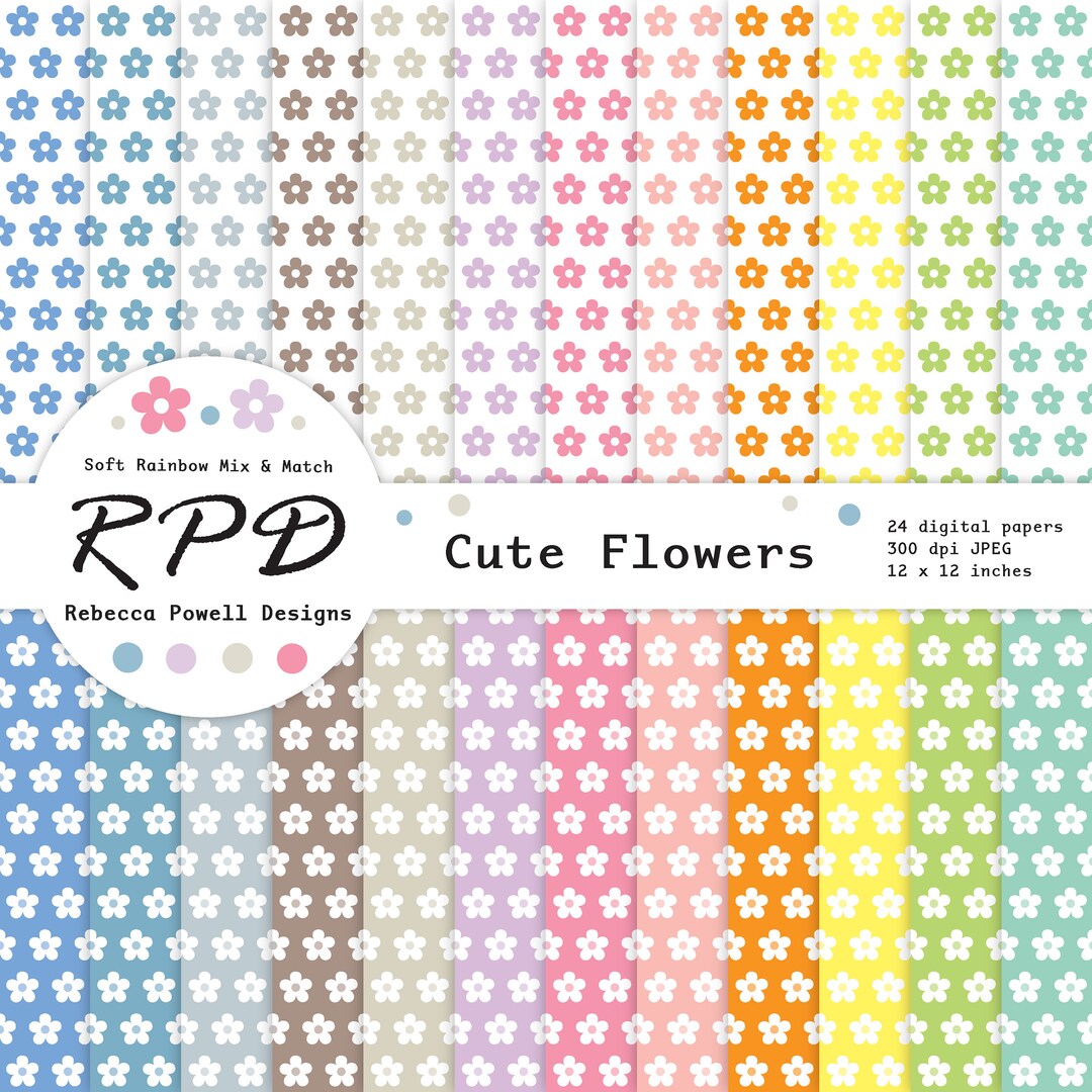 Cute Flowers Seamless Digital Paper, Pastel Rainbow Colours, White ...