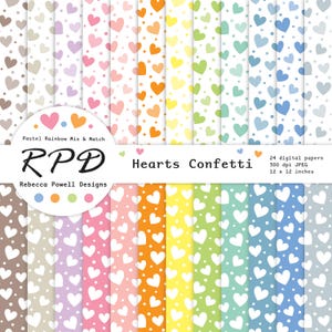 Hearts Confetti Pattern Seamless Digital Paper Pack, Pastel Rainbow Colours & White, Backgrounds, Scrapbook Pages, Commercial Use
