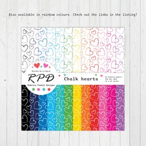 Hand drawn hearts digital paper pack in rainbow colours and white.