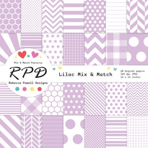 Könnte beinhalten: Eine Sammlung von 28 digitalen Papieren in Flieder, mit verschiedenen Mustern wie Streifen, Punkten, Zickzack und Sternen. Die Papiere sind 30,48 x 30,48 cm groß und 300 dpi JPEG. Titel: "Lilac Mix & Match".