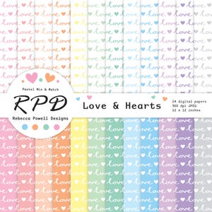 Ensemble de papier numérique sans couture avec texte et coeurs d'amour, couleurs pastel et blanc, pages de scrapbooking, arrière-plans à usage commercial