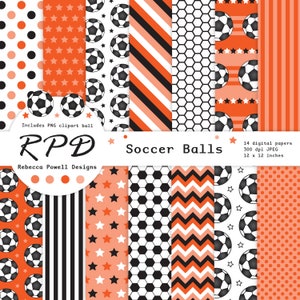 SALE Soccer Football Digital Paper, Seamless Pattern, PNG Clip Art Ball, Orange, Black, Scrapbook Pages, Digital Background, Commercial Use image 1