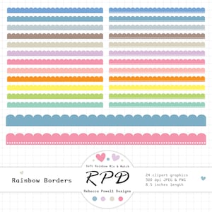 Scalloped Ribbon Borders Digital Clip Art Set, Pastel Rainbow Colours, Scrapbooking, Planners, Commercial Use