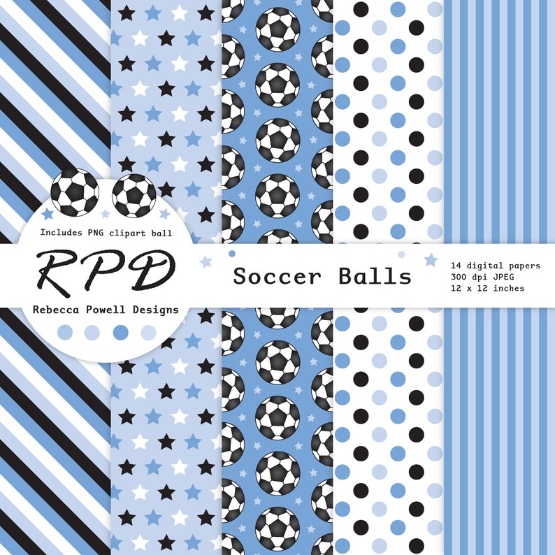 SALE Soccer Football Digital Paper, Seamless, PNG Clip Art Ball, Blue, Black & White, Scrapbook Pages, Digital Background, Commercial Use image 2