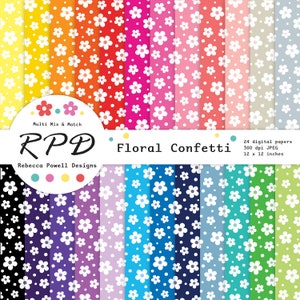 Floral Flowers Digital Paper Pack, Seamless Pattern, Multi Rainbow Colours, White, Scrapbook Pages, Digital Backgrounds, Commercial Use