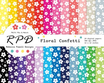 Floral Flowers Digital Paper Pack, Seamless Pattern, Multi Rainbow Colours, White, Scrapbook Pages, Digital Backgrounds, Commercial Use