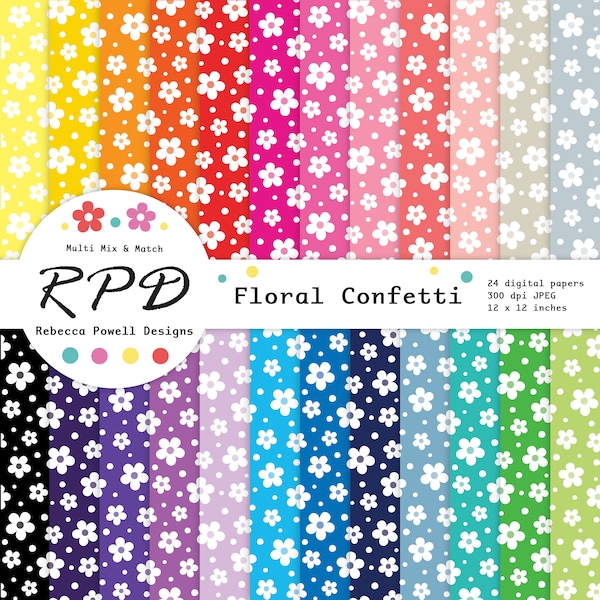 Floral Flowers Digital Paper Pack, Seamless Pattern, Multi Rainbow Colours, White, Scrapbook Pages, Digital Backgrounds, Commercial Use