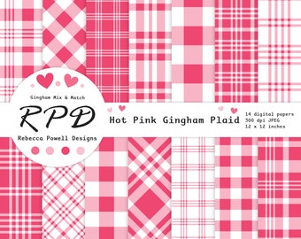 Bright Pink & White Gingham Plaid Digital Paper Pack, Seamless, Log Cabin Check, Tartan, Scrapbook Pages, Digital Background, Commercial Use