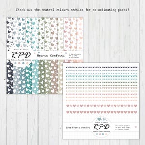 Coordinating hearts confetti digital paper and hearts clipart borders packs.