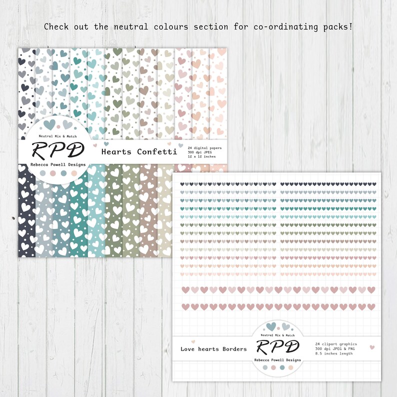 Coordinating hearts confetti digital paper and hearts clipart borders packs.