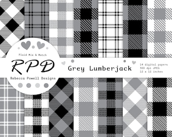 Grey Plaid Digital Paper Pack , Seamless, Black, White, Lumberjack Checks, Tartan, Log Cabin, Scrapbooking, Backgrounds, Commercial Use