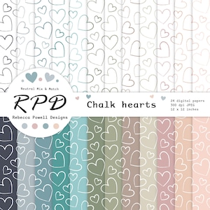 Paquete de papel digital de corazones dibujados a mano: patrones neutros sin costuras sobre fondo blanco para scrapbooking y manualidades.