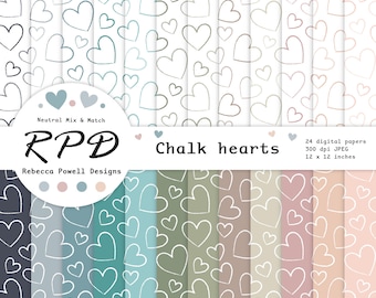 Hand Drawn Hearts Digital Paper Pack: Seamless Neutral Patterns (Digital Download)