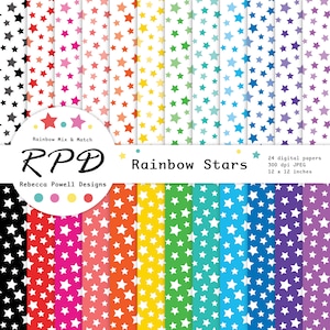 Sterren confettipatroon naadloos digitaal papier, regenboogkleuren, witte achtergrond, plakboekpagina's, commercieel gebruik