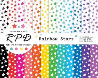 SALE Stars Confetti Digital Paper, Seamless Pattern, Multi Rainbow Colours, White, Scrapbook Pages, Digital Backgrounds, Commercial Use