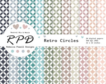 Geometric Retro Circles Digital Paper Pack, Seamless Pattern, Neutral Colours, White, Scrapbook Pages, Digital Backgrounds, Commercial Use