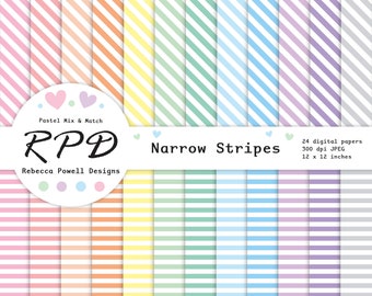 Stripes Digital Paper Pack Set, Seamless Pattern, Horizontal, Diagonal, Pastel Colours, White, Scrapbook Pages, Backgrounds, Commercial Use