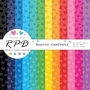 Hearts Confetti Pattern Seamless Digital Paper Pack, Rainbow Colours Backgrounds & Scrapbook Pages