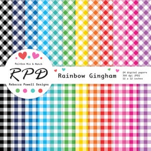 May include: A set of 24 digital papers featuring a rainbow gingham pattern. Each paper is 12 inches by 12 inches and 300 dpi. The papers are in a variety of colors, including black, blue, green, yellow, orange, red, pink, and purple.