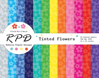 SALE Flowers Floral Hand Drawn Digital Paper, Seamless Pattern, Tinted Rainbow Colours, Scrapbook Pages, Digital Backgrounds, Commercial Use