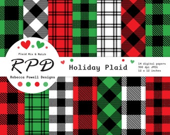 Red & Green Holiday Plaid Digital Paper Pack , Seamless, Black, White, Lumberjack, Log Cabin, Scrapbooking, Backgrounds, Commercial Use