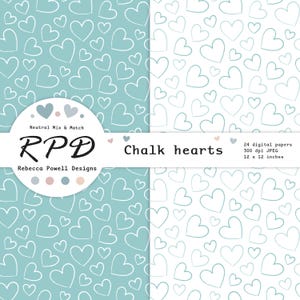 Digital papers with the hand drawn hearts pattern in aqua and white.