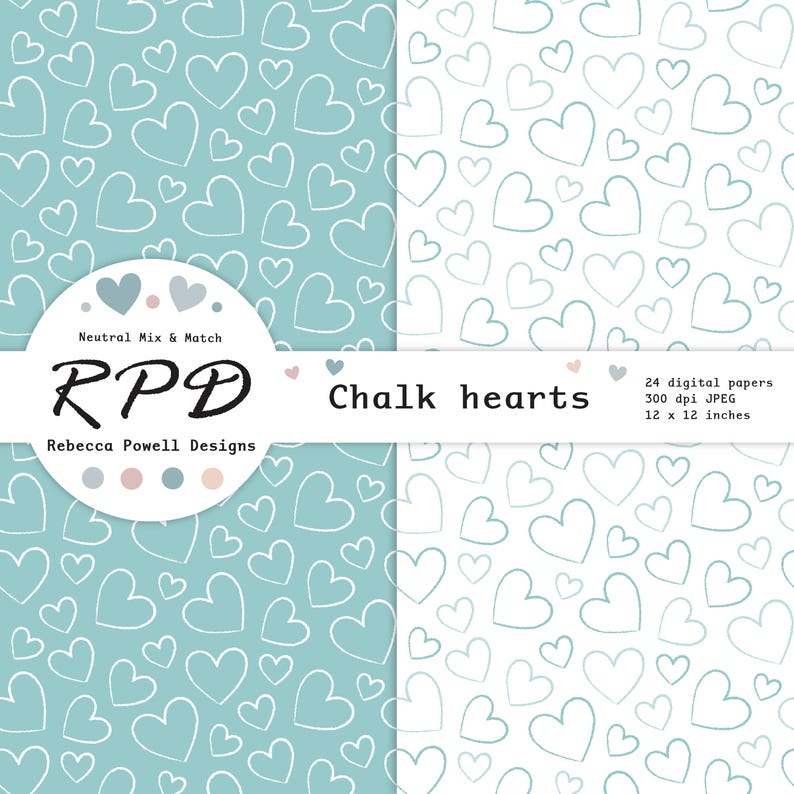 Digital papers with the hand drawn hearts pattern in aqua and white.