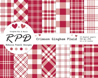 Crimson Red Gingham Plaid Digital Paper Pack, Seamless, White, Crosshatch Check, Tartan, Scrapbook Pages, Digital Background, Commercial Use