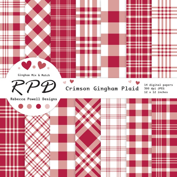 SALE Crimson Red Gingham Plaid Digital Paper, Seamless, White, Crosshatch Check, Tartan, Scrapbook Pages, Digital Background, Commercial Use