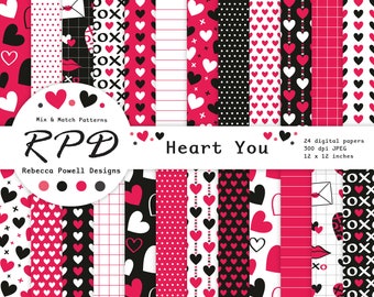 Valentines Cute Love Hearts Digital Paper Pack, Seamless Patterns, Red, Black White, Scrapbook Pages, Digital Backgrounds, Commercial Use