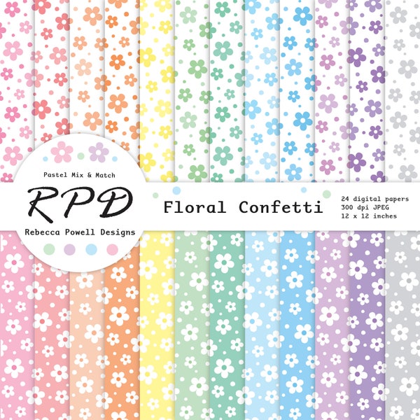 Flowers Digital Paper Pack, Floral Confetti, Seamless Pattern, Pastel Colours, White, Scrapbook Pages, Digital Backgrounds, Commercial Use