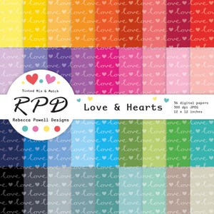 May include: A collection of 36 digital papers, each 12 x 12 inches, featuring a repeating pattern of the word "love" and heart shapes. The papers come in a variety of colors, including yellow, orange, pink, and blue. The design is by Rebecca Powell Designs.