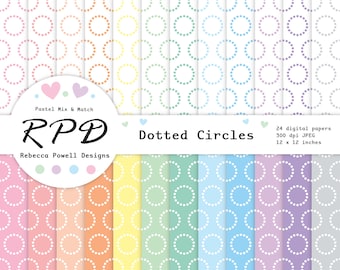 Geometric Dotted Circles Digital Paper Pack, Seamless Pattern, Pastel Colours, White, Scrapbook Pages, Digital Backgrounds, Commercial Use