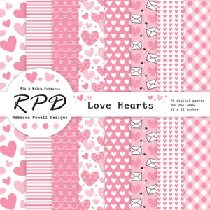 Love Hearts Digital Paper Pack: Pink & White Seamless Patterns (digital ...