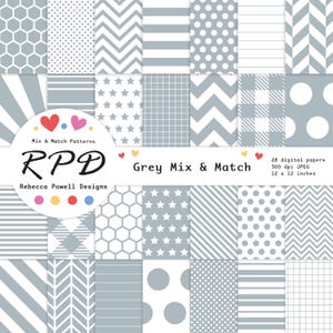 Pode incluir: Uma coleção de 28 papéis digitais com vários padrões em tons de cinza e branco. Os designs incluem listras, bolinhas, chevrons, estrelas e formas geométricas. Os papéis medem 30,48 cm x 30,48 cm.