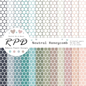 Pakiet papieru cyfrowego Honeycomb, bezszwowy wzór, neutralne kolory, biały, sześciokąty, strony do scrapbookingu, tła cyfrowe, zastosowanie komercyjne