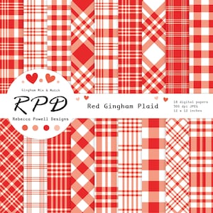 Scarlet Red & White Gingham karierte Karos Digitales Papier, nahtlose Muster, Scrapbooking, Hintergründe, kommerzielle Nutzung