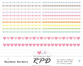 SALE Love Heart Decorative Borders Digital Clip Art Set, Pastel Rainbow Colours, Png, Jpeg, Scrapbooking & Planner Images, Commercial Use