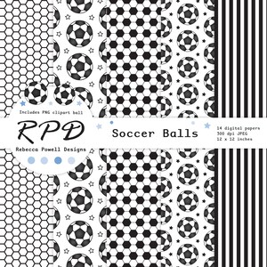 SALE Soccer Football Digital Paper, Seamless, PNG Clip Art Ball, Blue, Black & White, Scrapbook Pages, Digital Background, Commercial Use image 3