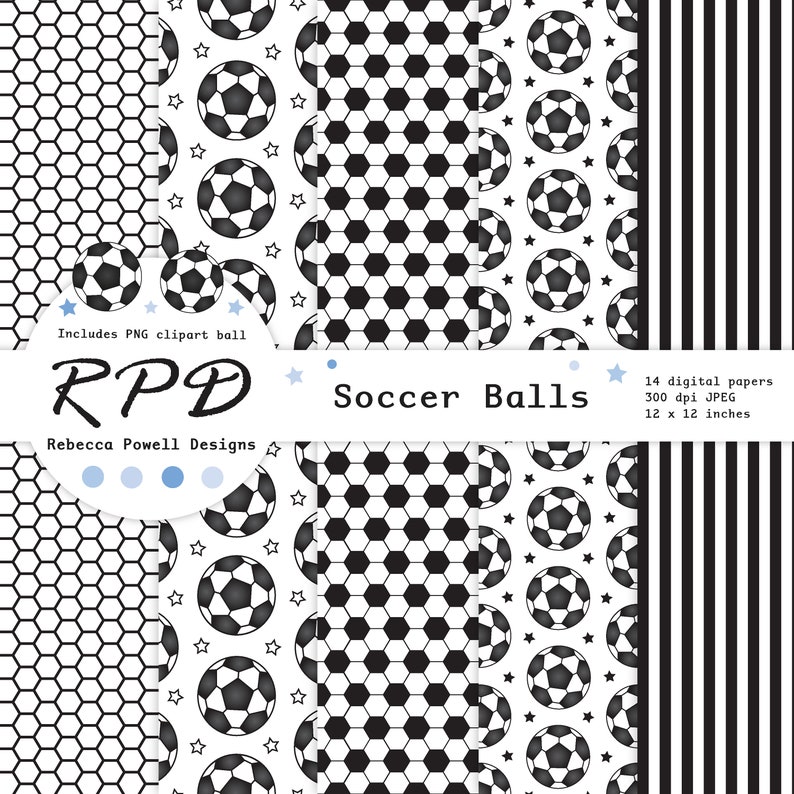 SALE Soccer Football Digital Paper, Seamless, PNG Clip Art Ball, Blue, Black & White, Scrapbook Pages, Digital Background, Commercial Use image 3