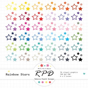 Schattige sterren digitale illustratiesset, regenboogkleuren, scrapbooking, planners, commercieel gebruik