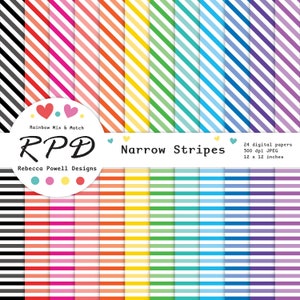 Stripes Horizontal Diagonal Digital Paper Pack, Seamless Pattern, Rainbow Colours, White, Scrapbook Pages, Backgrounds, Commercial Use