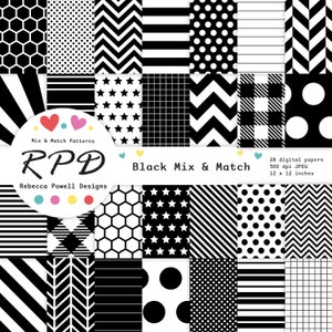 Paquet de papier numérique noir et blanc, motifs sans couture, pois, rayures, chevrons, carreaux, scrapbooking, arrière-plans, usage commercial