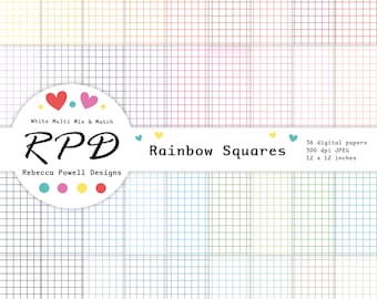 May include: A set of 36 digital papers featuring a rainbow of colors with a white grid pattern. Each paper is 12 inches by 12 inches and 300 dpi. The text "Rainbow Squares" is displayed in the center of the image.