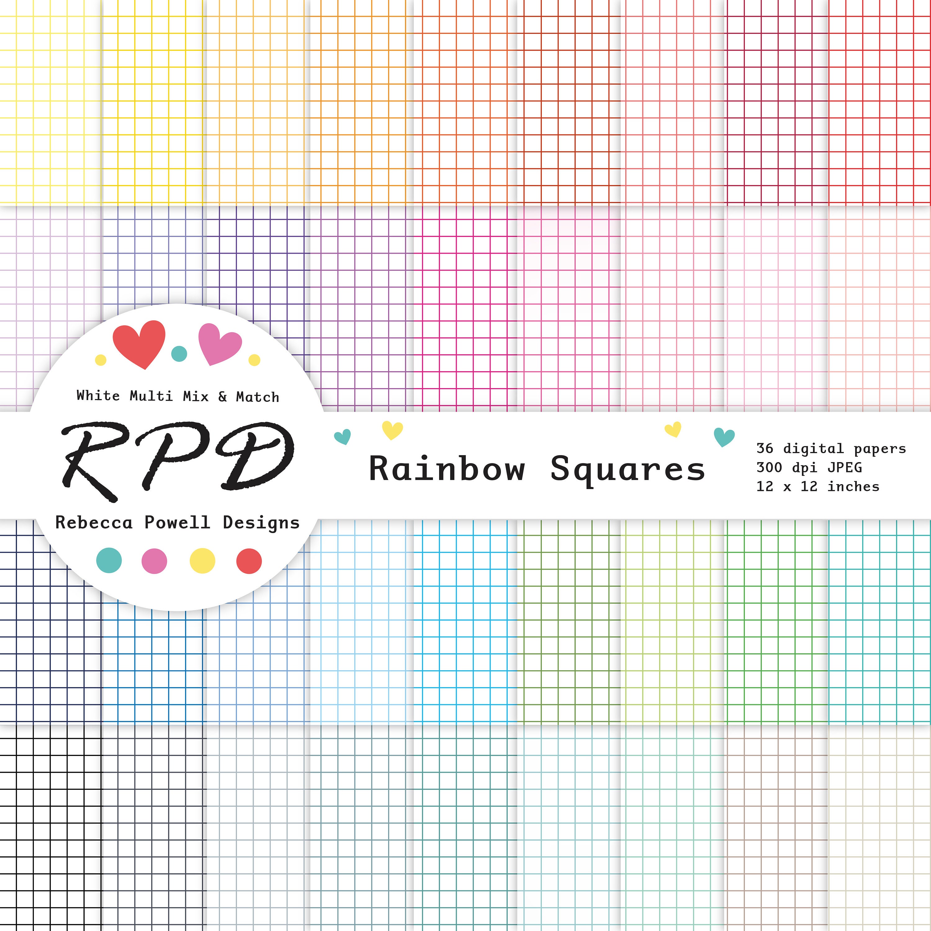 Grid Pattern Seamless Digital Paper, Rainbow Colours, White Backgrounds ...