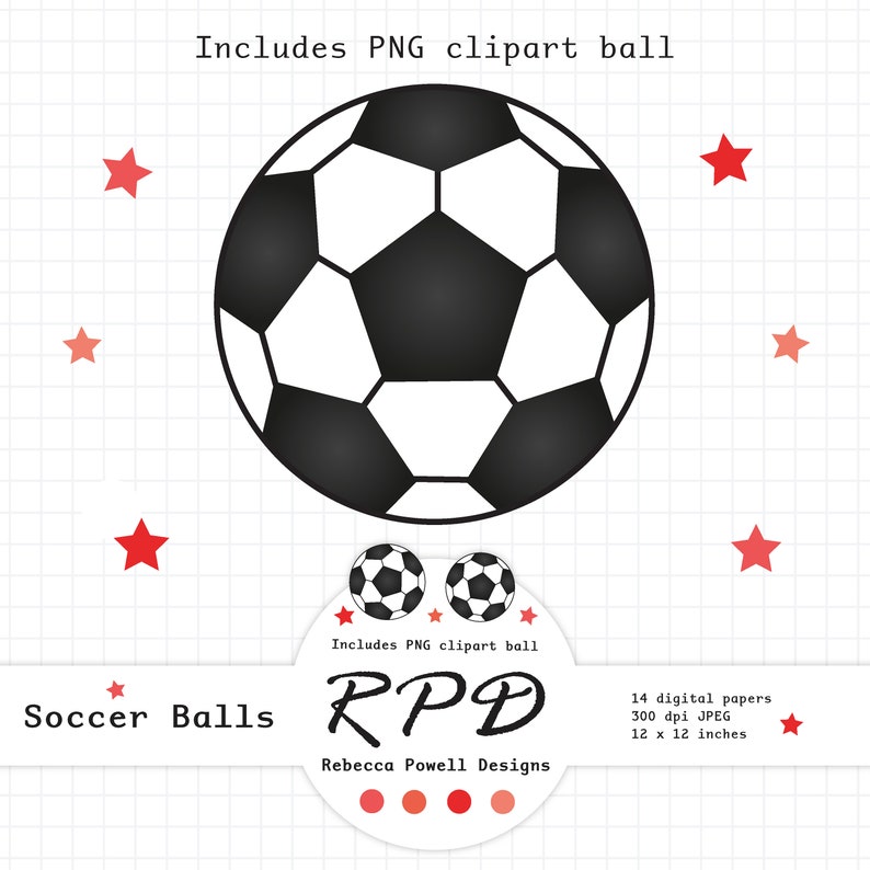 SALE Soccer Football Digital Paper, Seamless, PNG Clip Art Ball, Red, Black & White, Scrapbook Pages, Digital Background, Commercial Use image 5