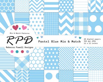 Carta per scrapbooking azzurra, pois, strisce, chevron (download digitale)