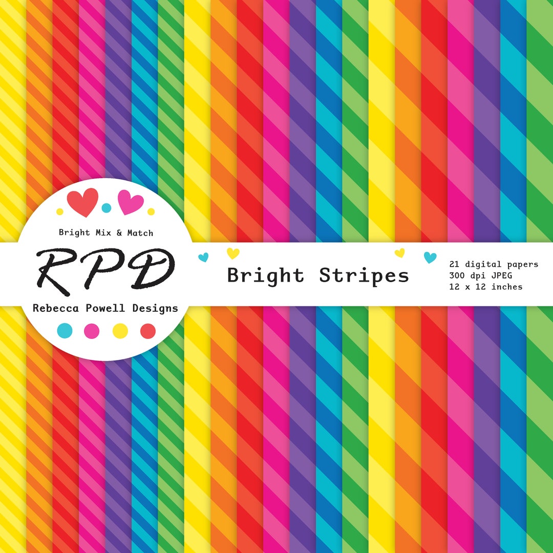 Diagonal Stripes Digital Paper Pack, Seamless Pattern, Bright Rainbow ...